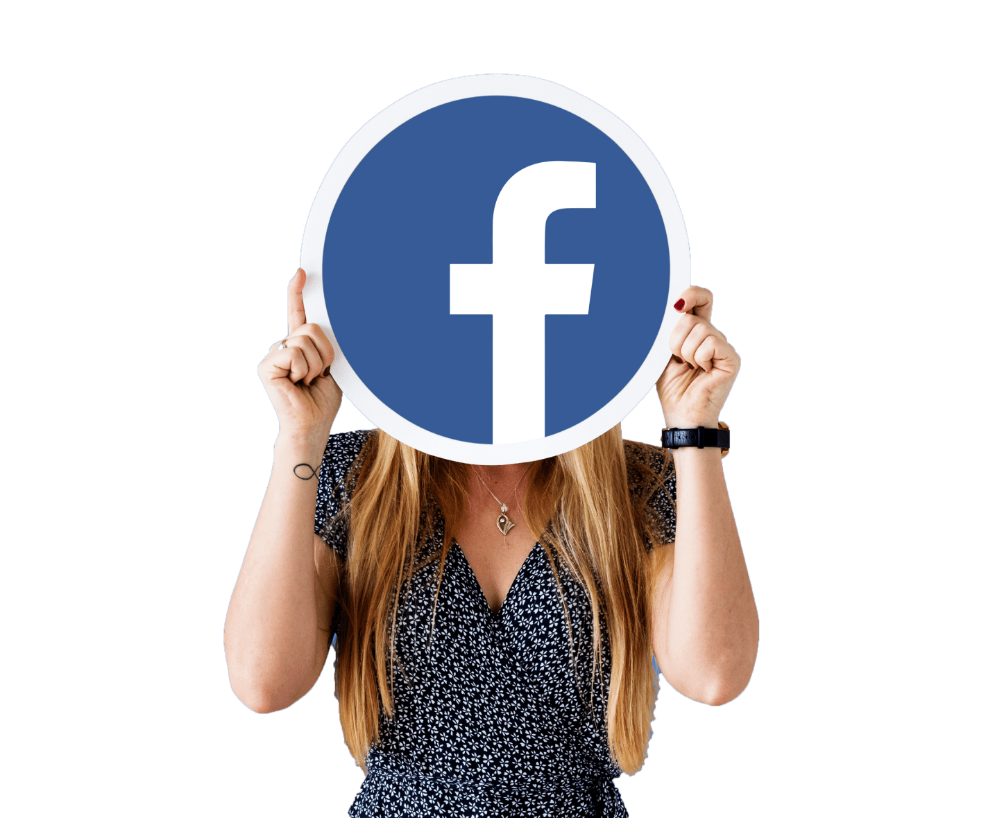Woman holding the Facebook logo in front of her face
