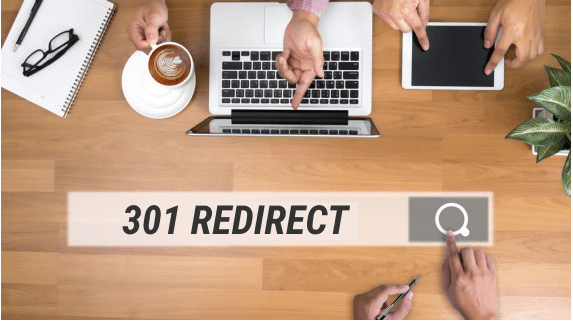 The word '301 Redirect' is shown with people at a desk with a computer